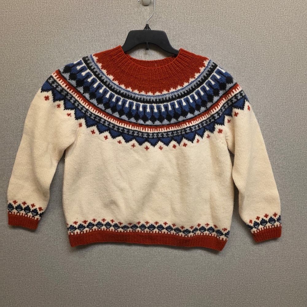 Eddie Bauer Womens XL Ivory Wool Fair Isle Yoke Sweater Blue Red Heritage